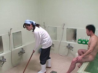 Japanese cleaner lady receives a blonde doggy style long