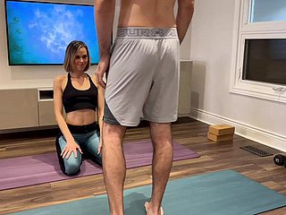 Wife gets fucked plus creampie in yoga pants while dynamic overseas from husbands friend